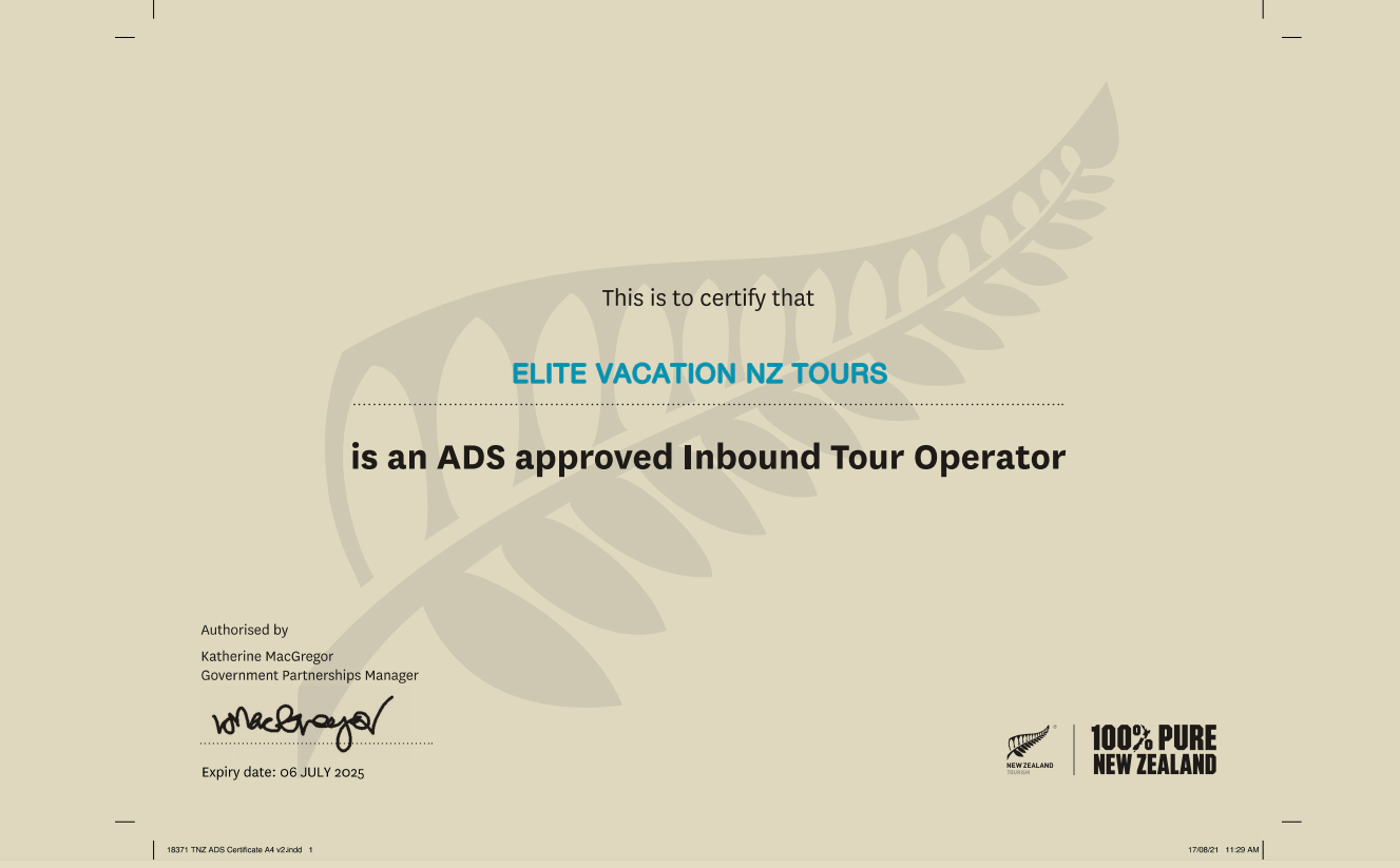 Elite Vacation NZ Tours ADS Approved Inbound Tour Operator 认证文件
