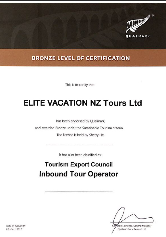 Elite Vacation NZ Tours Ltd Qualmark Bronze Level 认证文件