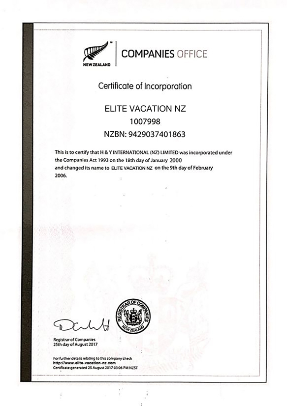 Elite Vacation NZ 新西兰公司注册历史文件，公司号1007998，NZBN 9429037401863